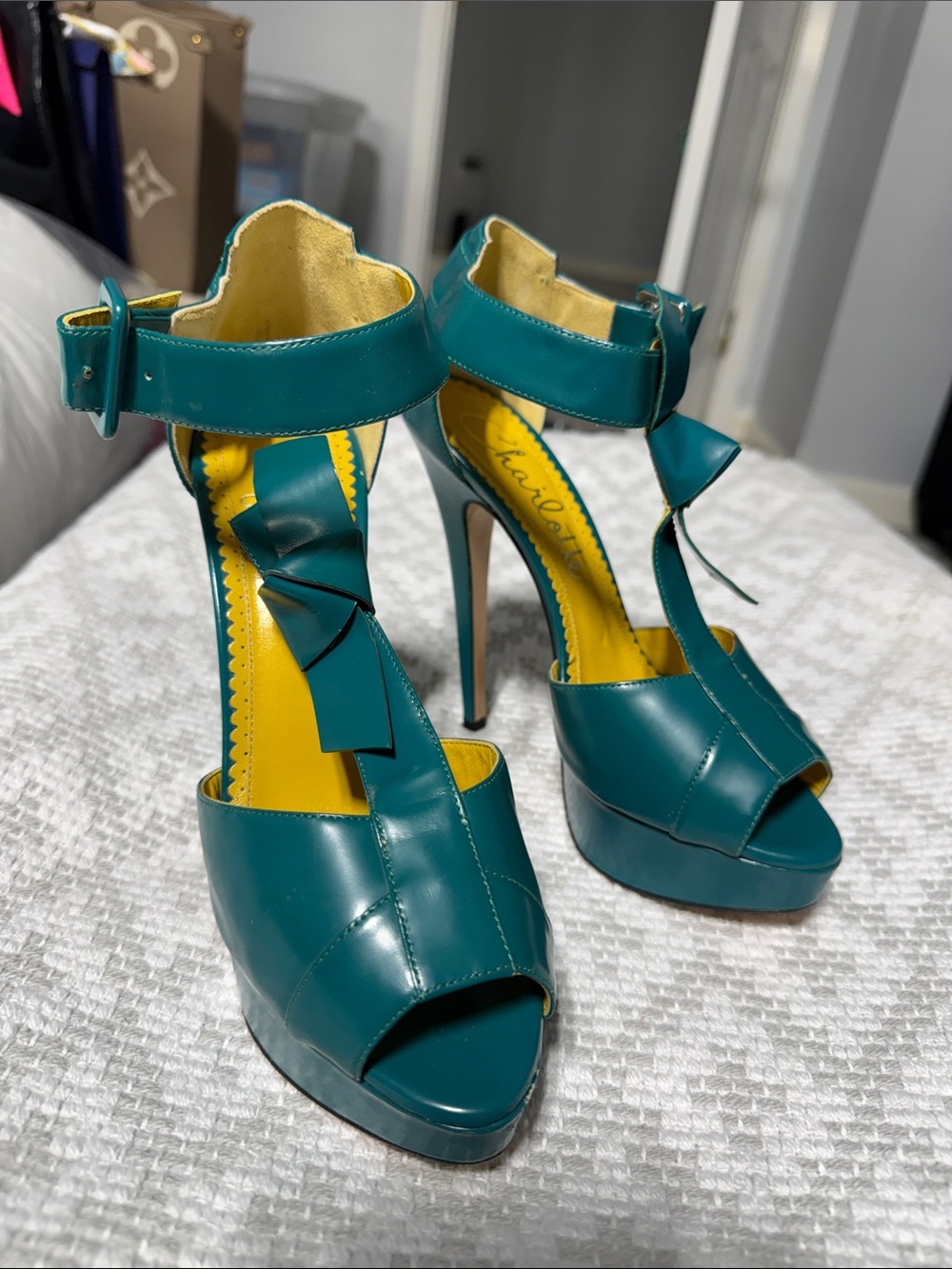 Charlotte Olympia Teal Peep-Toe Platform Heels with Bow